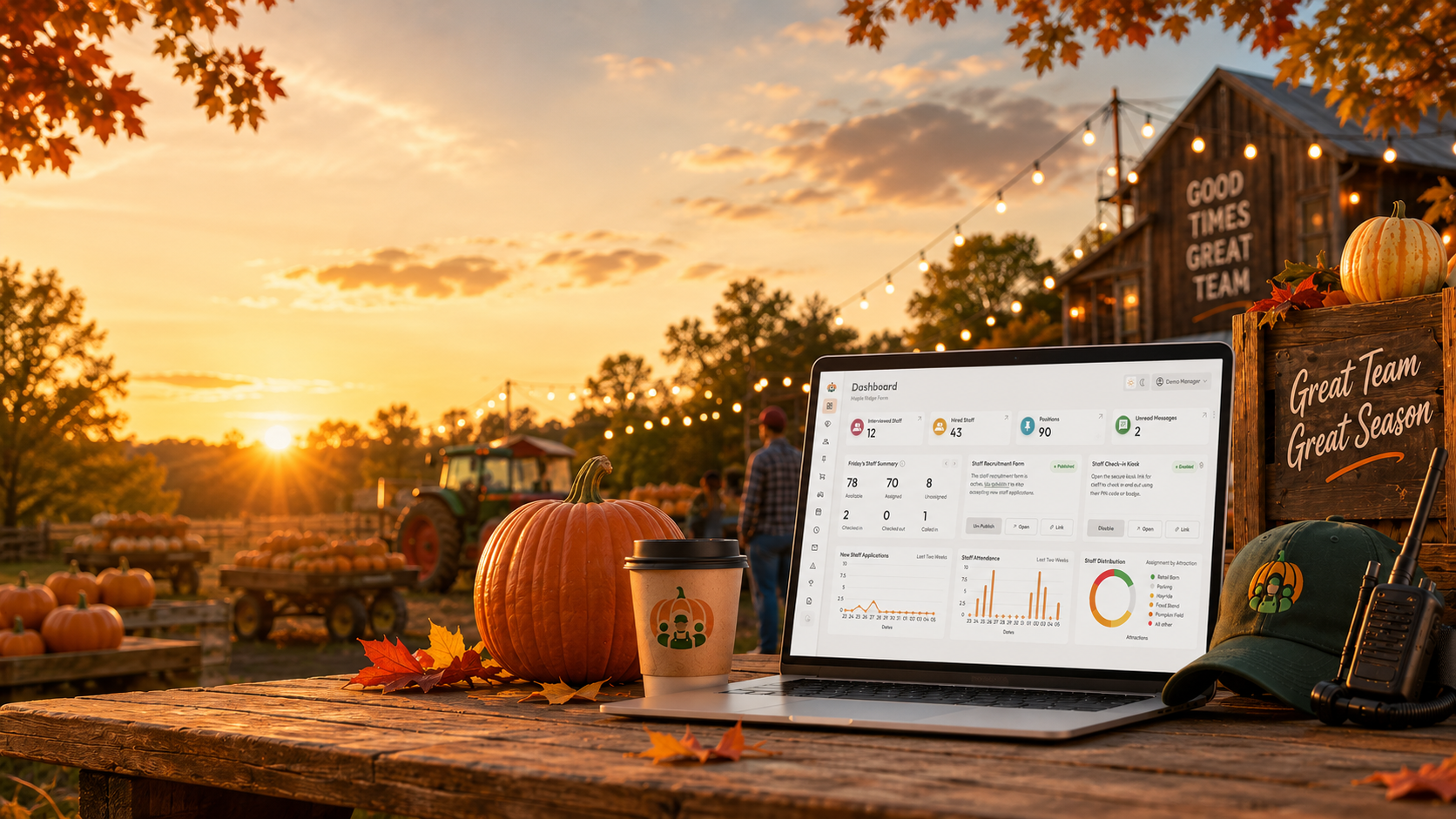 A laptop on a farm table at sunset, surrounded by pumpkins and autumn leaves.